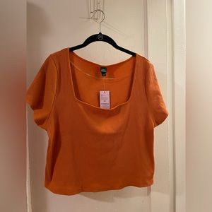 Zara Orange Ribbed Square-Neck Short Sleeve Top